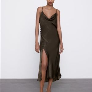 Zara Slip Camisole Cowl Neck Midi Dress w/ Button Detail in Dark Charcoa…